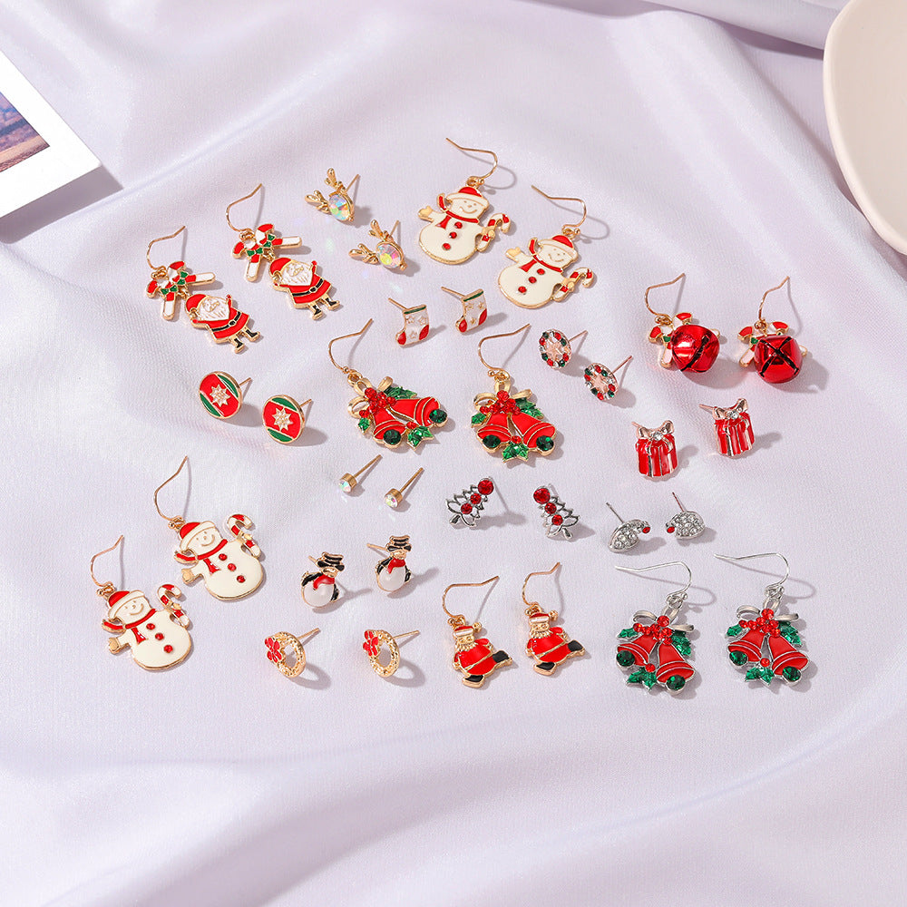 Christmas Three-piece Personalized Dripping Oil Santa Bell Earrings