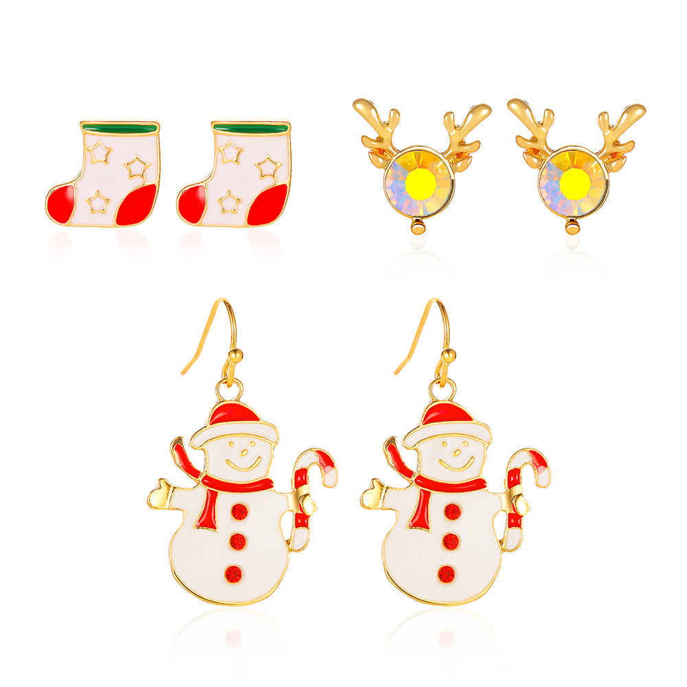 Christmas Three-piece Personalized Dripping Oil Santa Bell Earrings