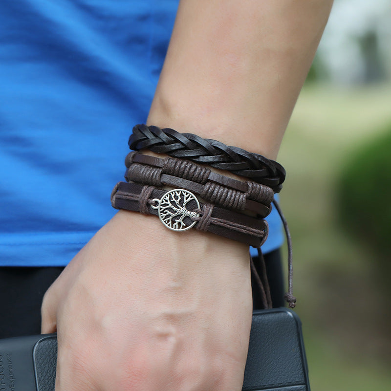 Ensemble de trois bracelets en cuir de bétail vintage tissé pour hommes