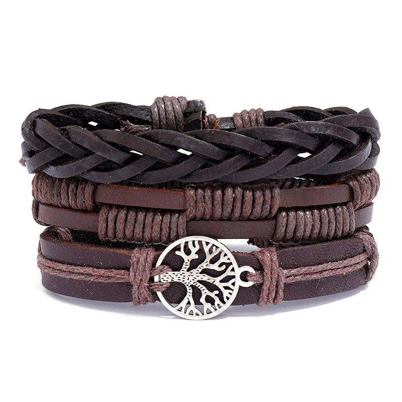 Dreiteiliges Set aus gewebten Vintage-Armbändern aus Rindsleder für Herren