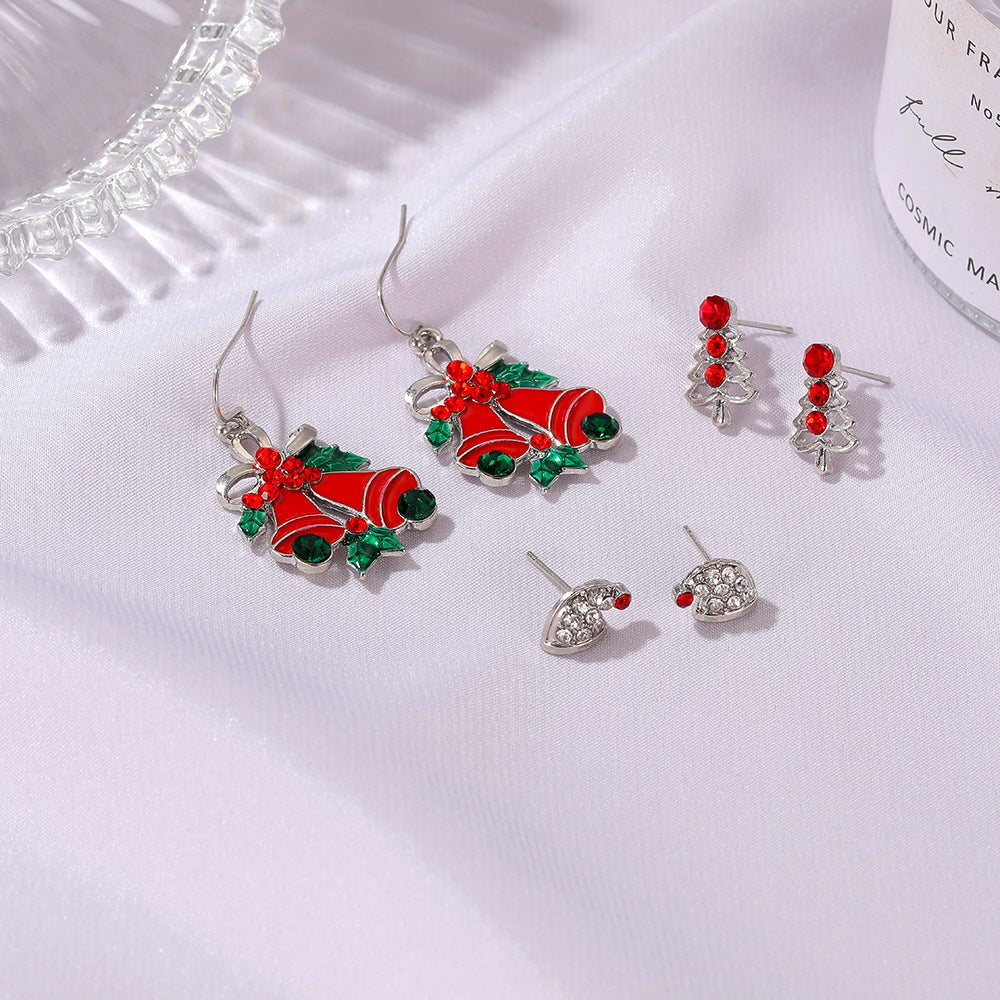 Christmas Three-piece Personalized Dripping Oil Santa Bell Earrings