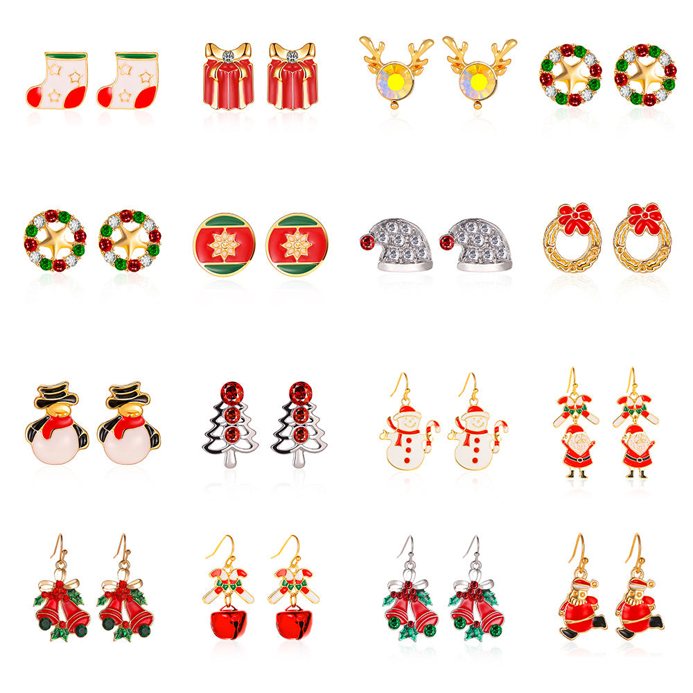 Christmas Three-piece Personalized Dripping Oil Santa Bell Earrings