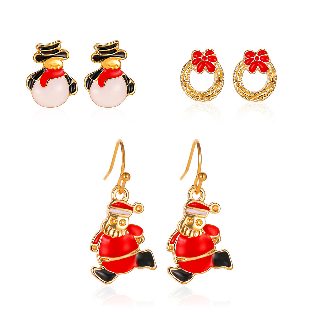 Christmas Three-piece Personalized Dripping Oil Santa Bell Earrings