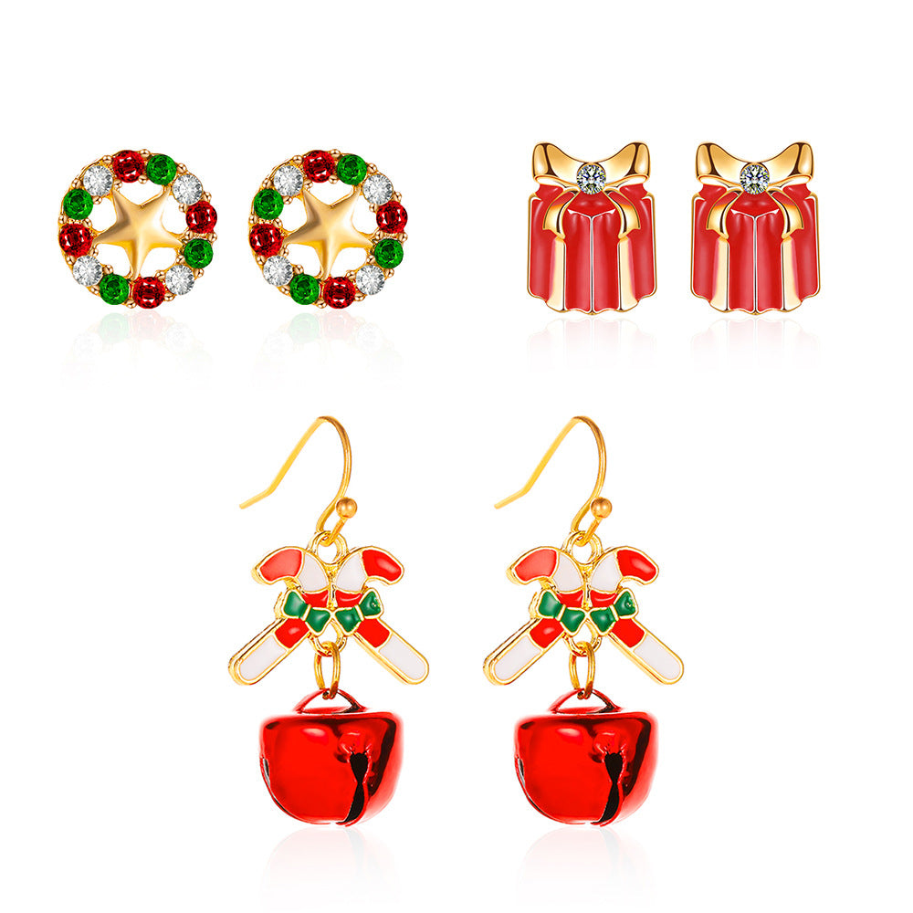 Christmas Three-piece Personalized Dripping Oil Santa Bell Earrings