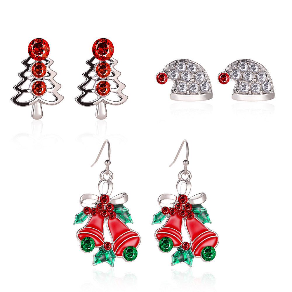 Christmas Three-piece Personalized Dripping Oil Santa Bell Earrings