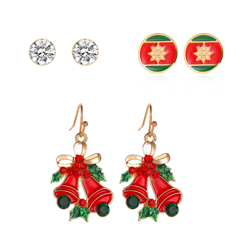 Christmas Three-piece Personalized Dripping Oil Santa Bell Earrings