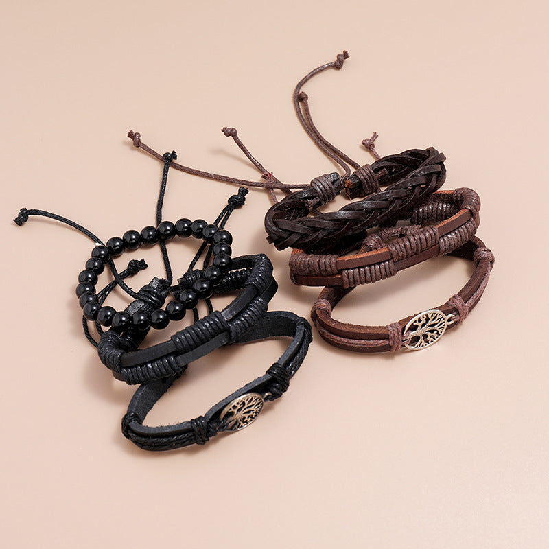 Ensemble de trois bracelets en cuir de bétail vintage tissé pour hommes