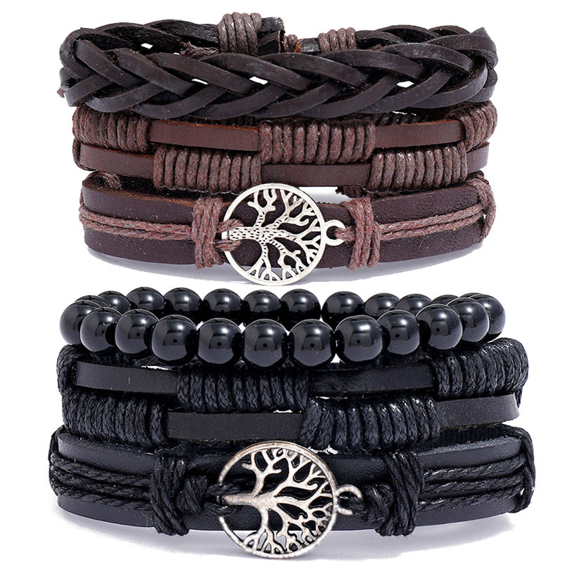 Ensemble de trois bracelets en cuir de bétail vintage tissé pour hommes