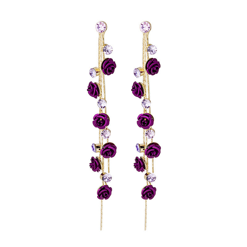 Elegant Sier Needle Rose Tassel Long Earrings