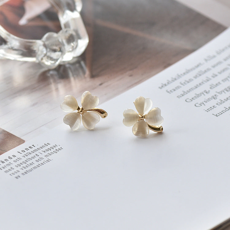 Sier Needle Four Leaf Clover Ear Fresh Cute Sweet Flower Earrings