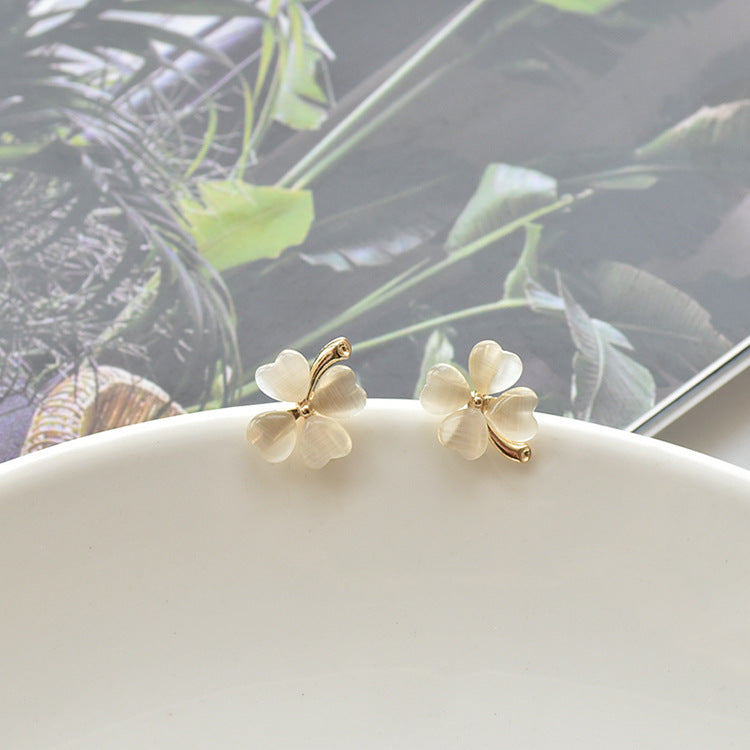 Sier Needle Four Leaf Clover Ear Fresh Cute Sweet Flower Earrings