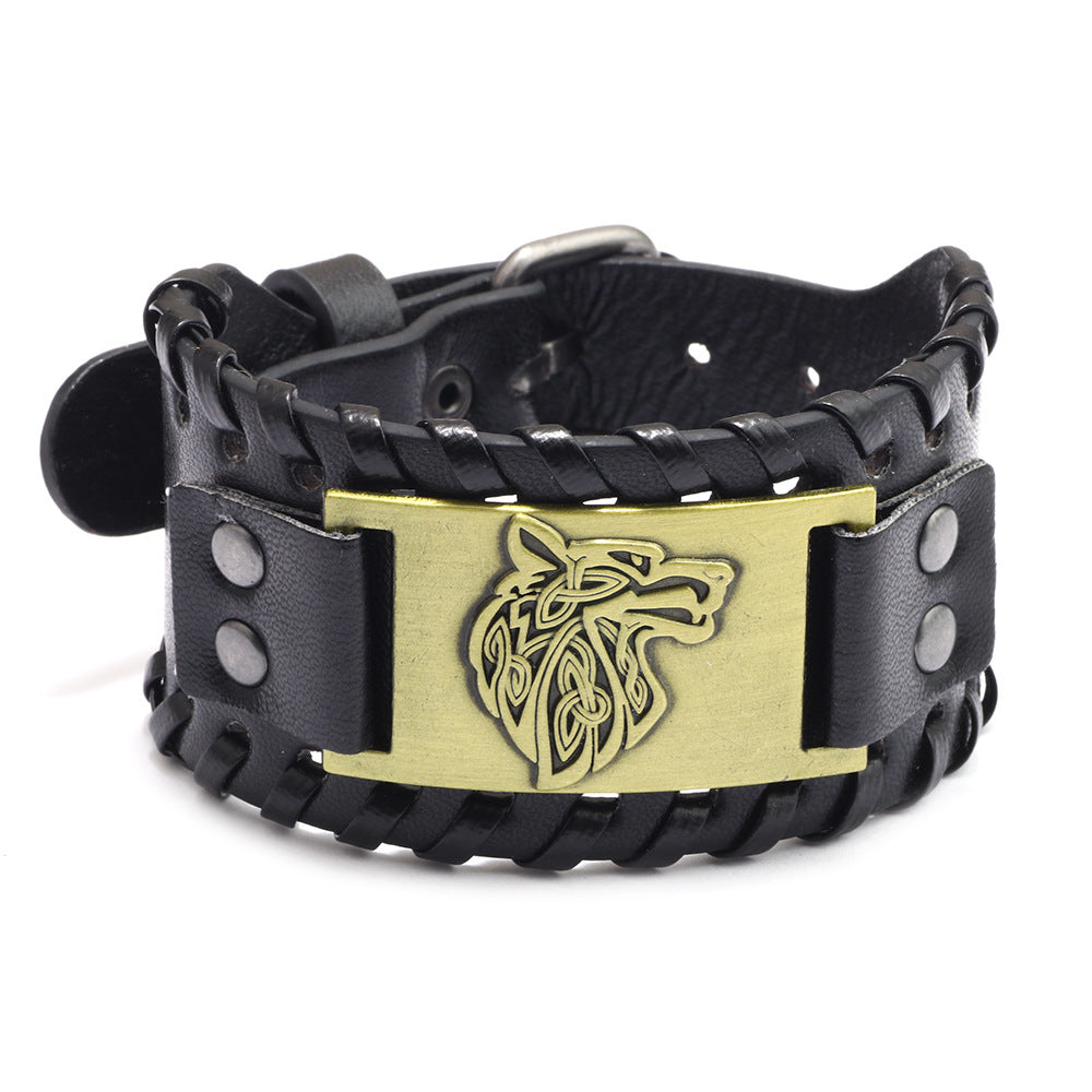 Men's Alloy Wolf Head Accessories Leather Wide Bracelets
