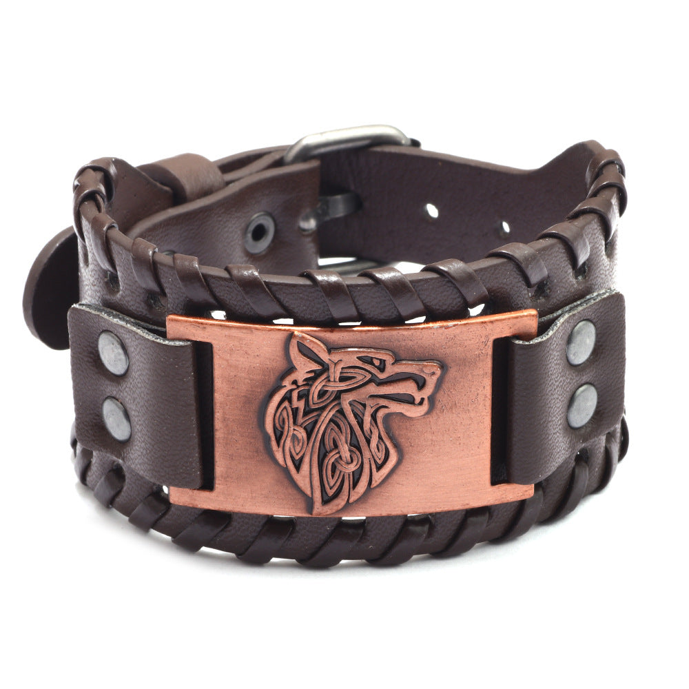 Men's Alloy Wolf Head Accessories Leather Wide Bracelets