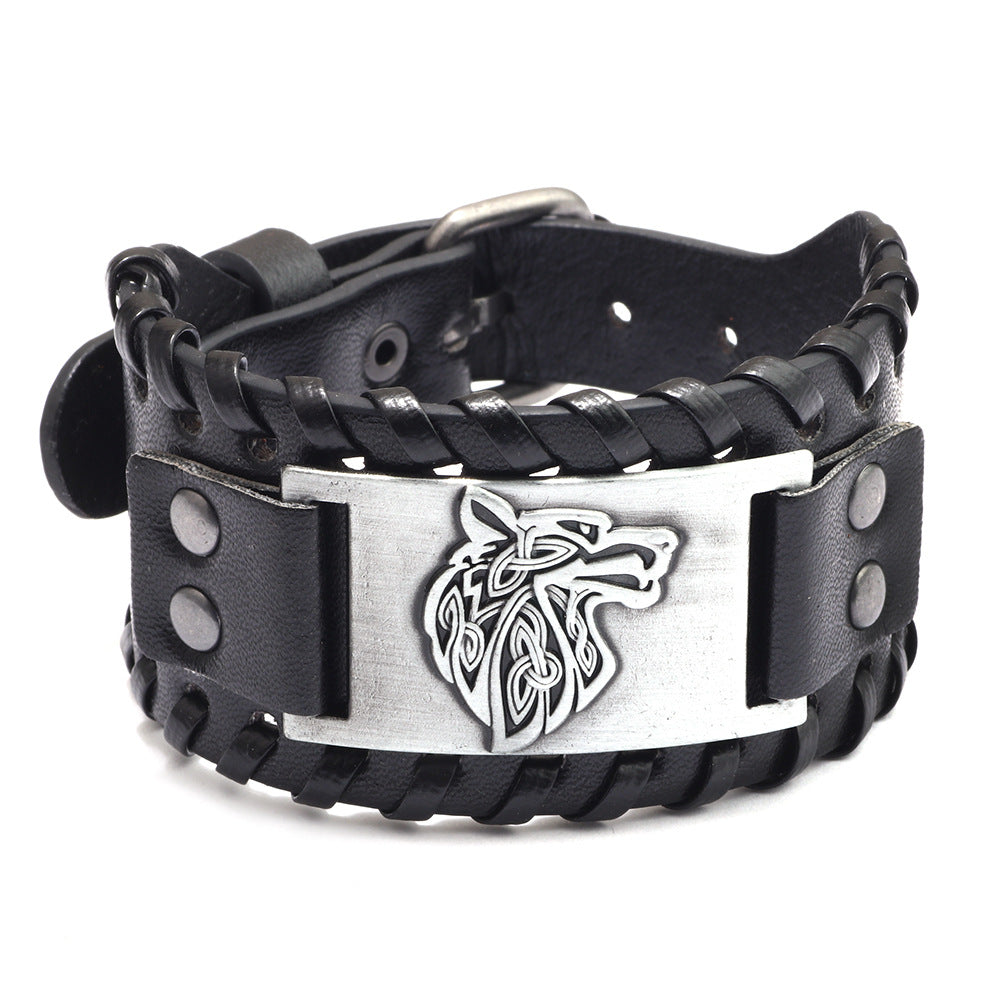 Accessoires tête de loup en alliage pour hommes, bracelets larges en cuir