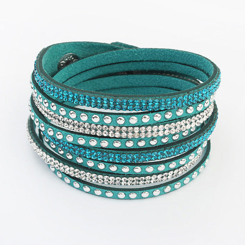 Bracelets simples féminins tissés en cuir long avec strass