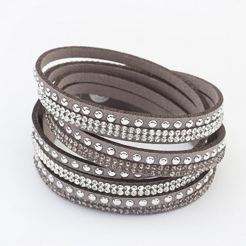 Bracelets simples féminins tissés en cuir long avec strass