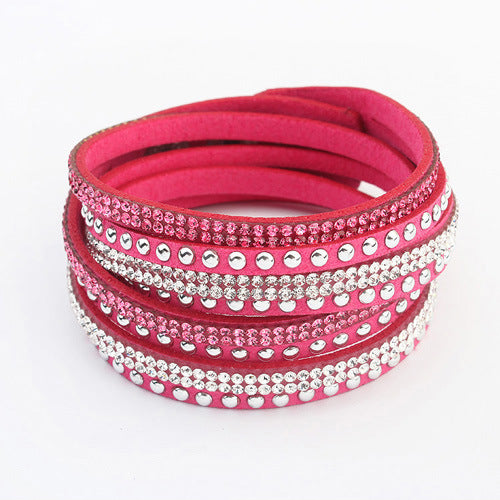 Bracelets simples féminins tissés en cuir long avec strass