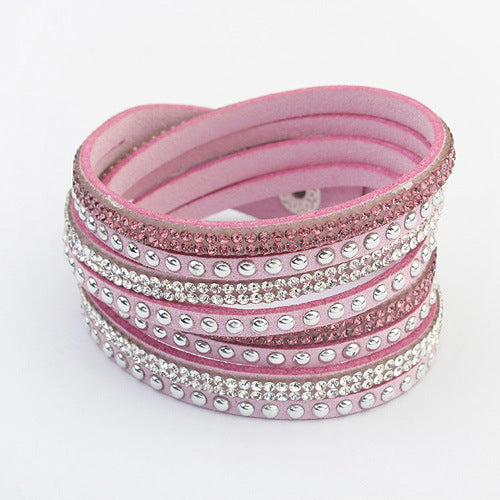 Bracelets simples féminins tissés en cuir long avec strass