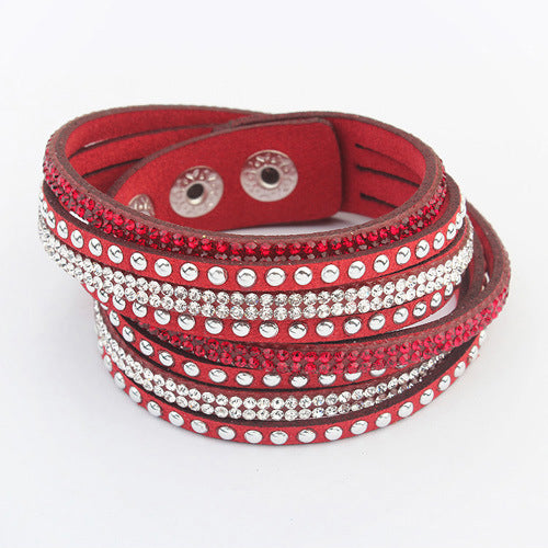 Bracelets simples féminins tissés en cuir long avec strass