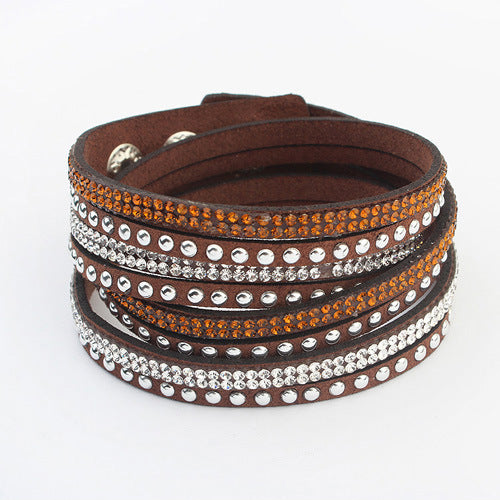 Bracelets simples féminins tissés en cuir long avec strass