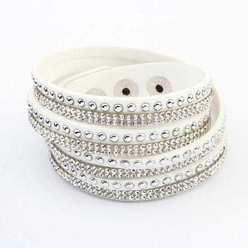 Bracelets simples féminins tissés en cuir long avec strass