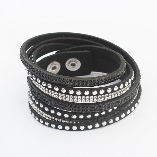 Bracelets simples féminins tissés en cuir long avec strass