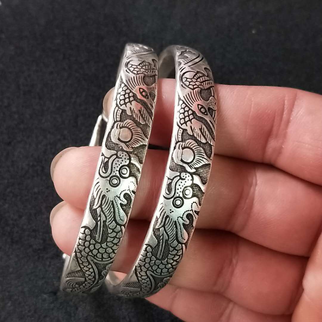 Tibetan Sier Miao Vintage Ethnic Style Fu Lu Shou Plated Bracelet