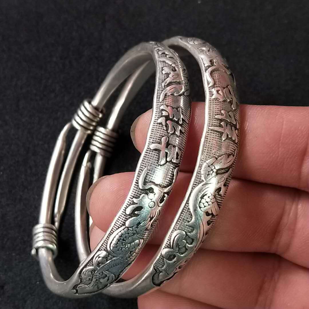 Tibetan Sier Miao Vintage Ethnic Style Fu Lu Shou Plated Bracelet