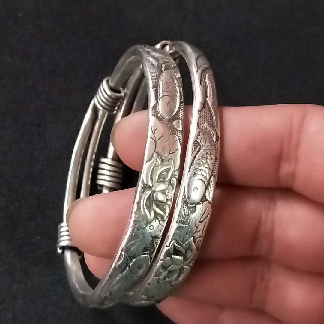Tibetan Sier Miao Vintage Ethnic Style Fu Lu Shou Plated Bracelet