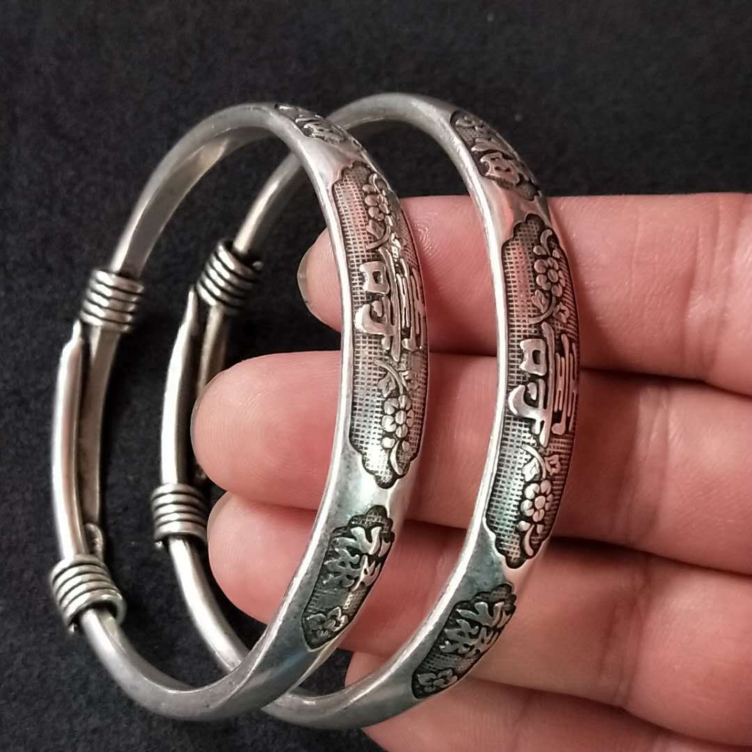Tibetan Sier Miao Vintage Ethnic Style Fu Lu Shou Plated Bracelet