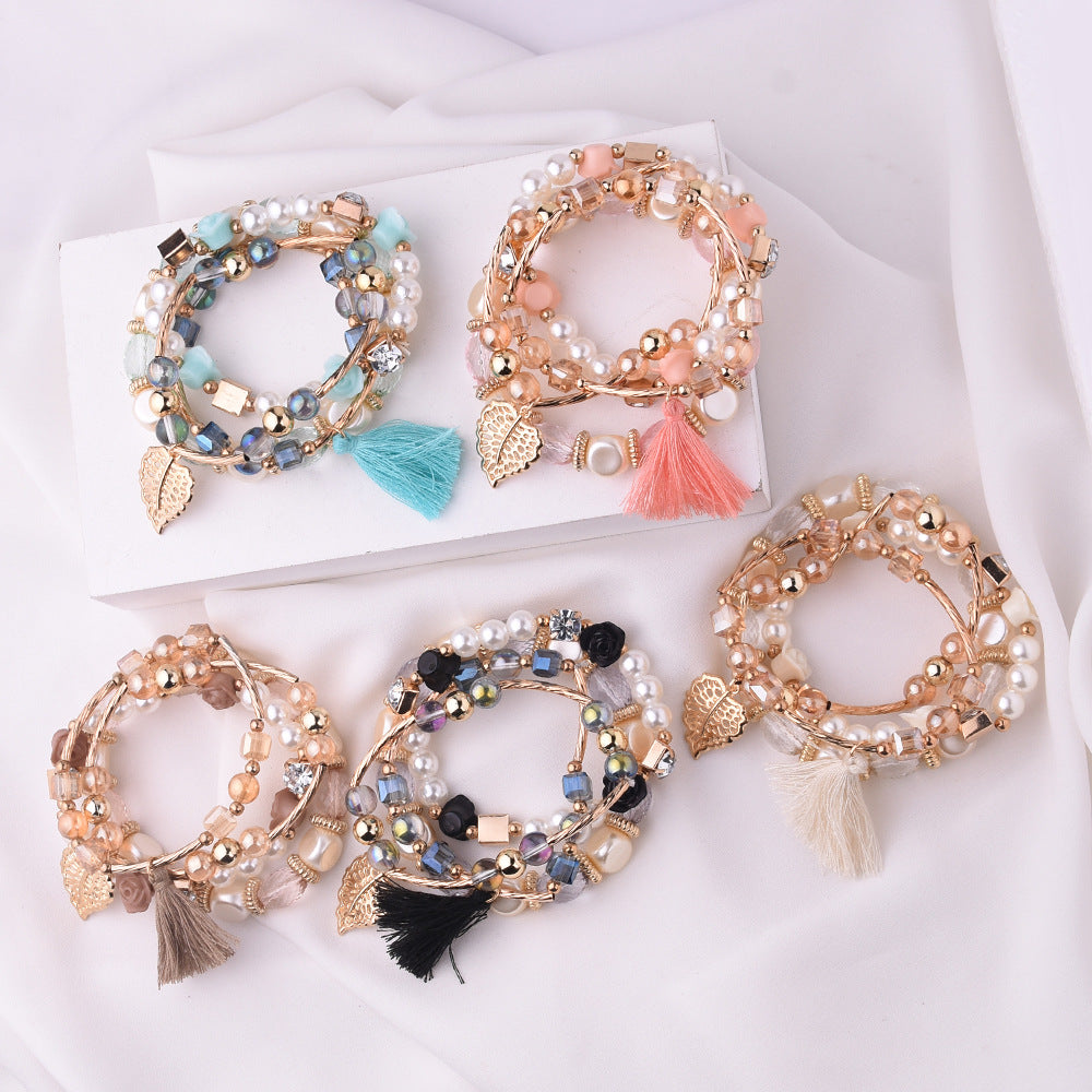 Women's Metal Crystal Beads Pearl Flower Leaves Fashion Bracelets