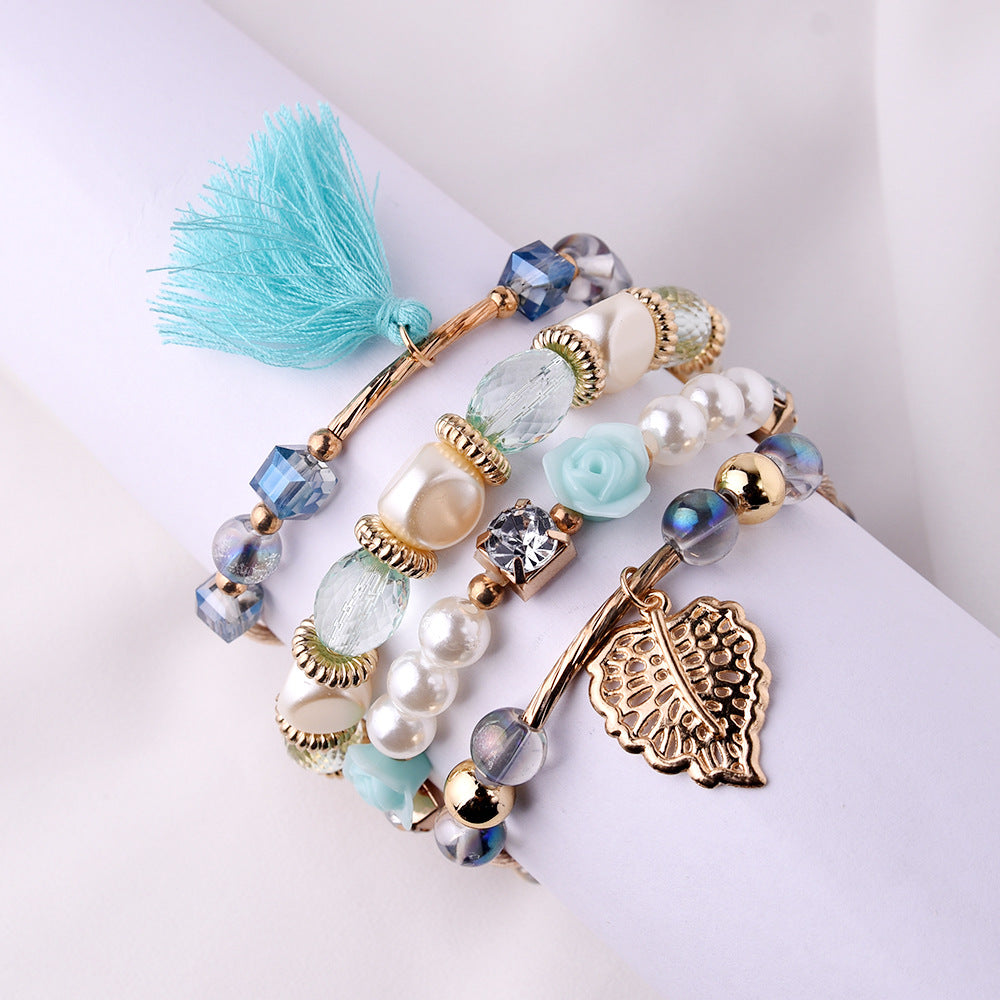 Women's Metal Crystal Beads Pearl Flower Leaves Fashion Bracelets