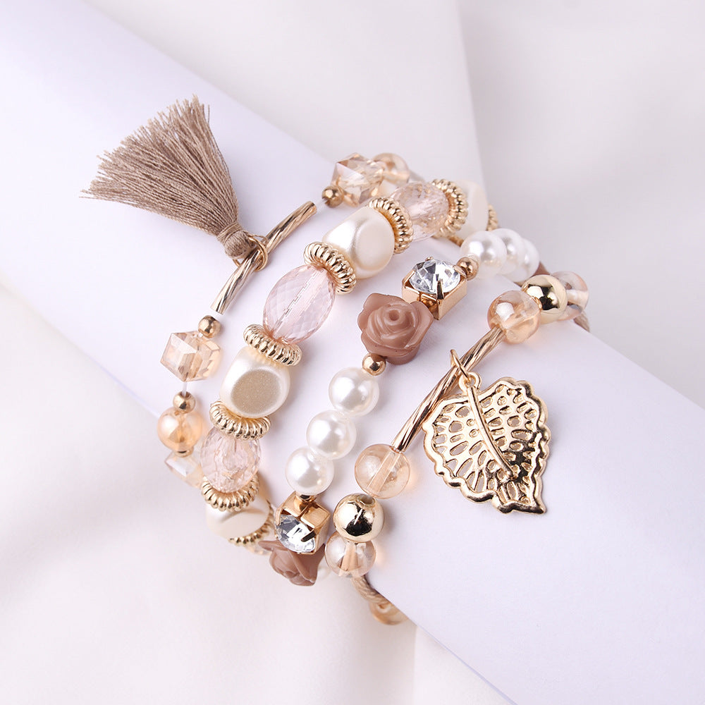 Women's Metal Crystal Beads Pearl Flower Leaves Fashion Bracelets