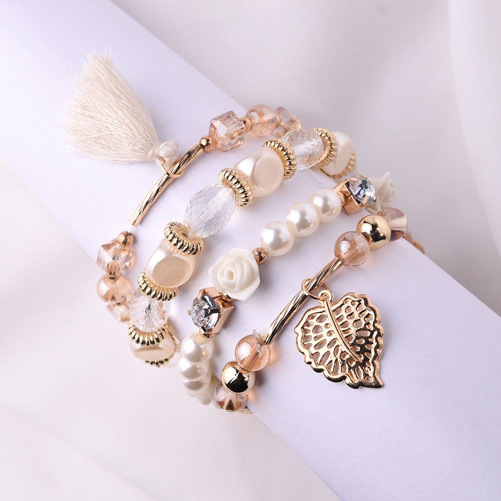 Women's Metal Crystal Beads Pearl Flower Leaves Fashion Bracelets