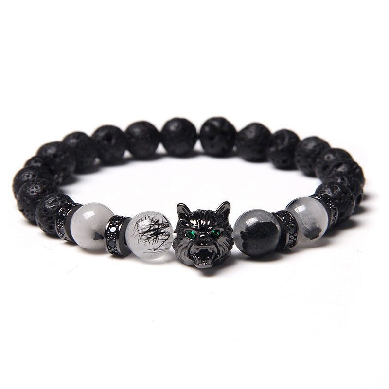 Herren-Armbänder mit natürlichen wasserklebenden Perlen und eingelegtem Zirkon-Wolf