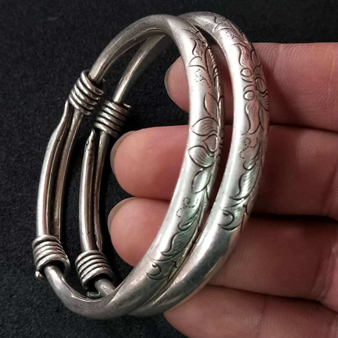 Tibetan Sier Miao Vintage Ethnic Style Fu Lu Shou Plated Bracelet