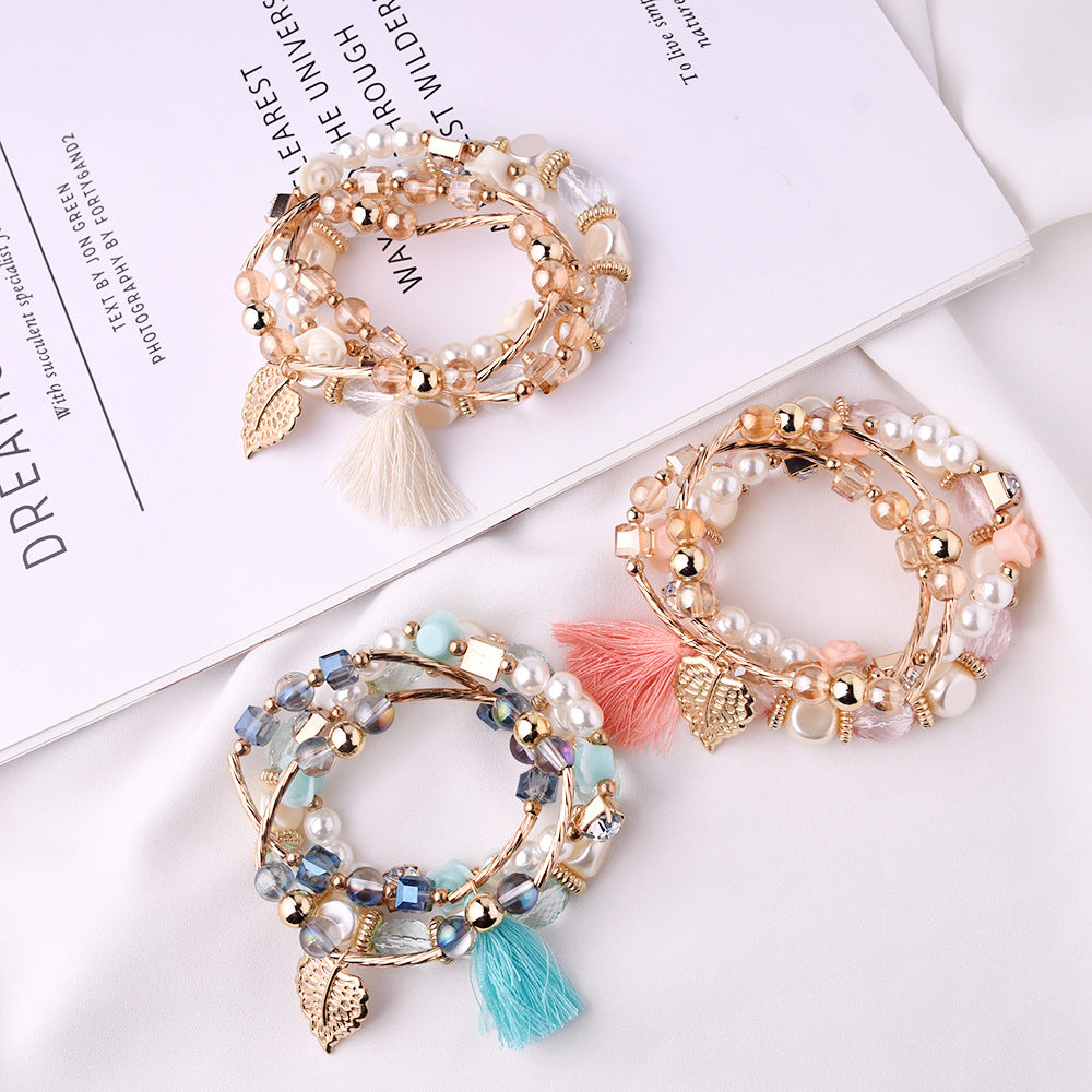 Women's Metal Crystal Beads Pearl Flower Leaves Fashion Bracelets