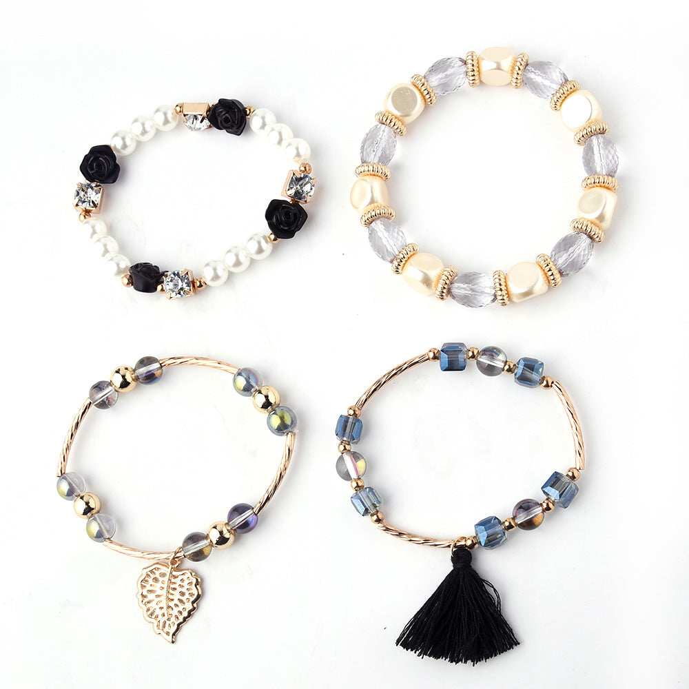 Women's Metal Crystal Beads Pearl Flower Leaves Fashion Bracelets