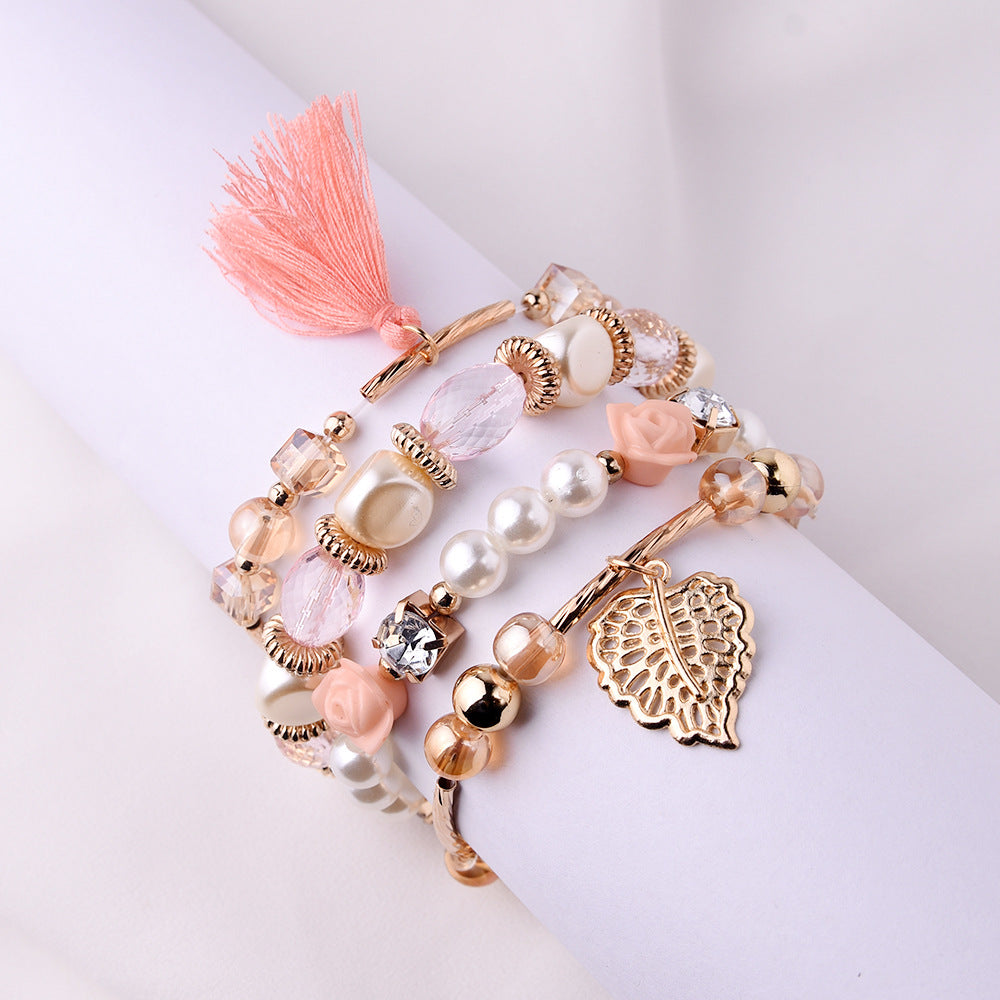 Women's Metal Crystal Beads Pearl Flower Leaves Fashion Bracelets