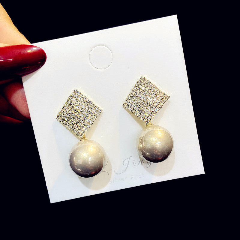 Sier Needle Geometric Pearl Diamond Square Earrings