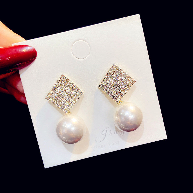 Sier Needle Geometric Pearl Diamond Square Earrings