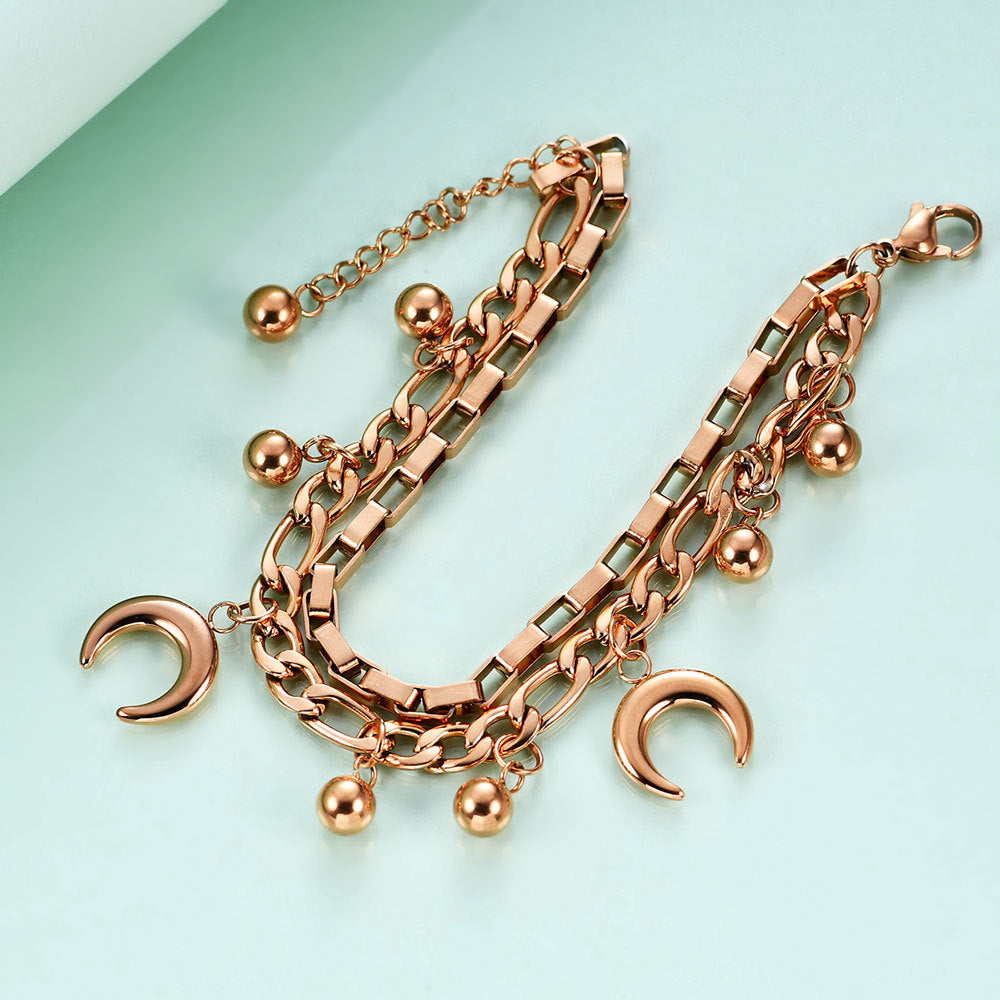 Women's Moon Round Beads Double Layer Cuban Link Chain Fashion Stainless Bracelet