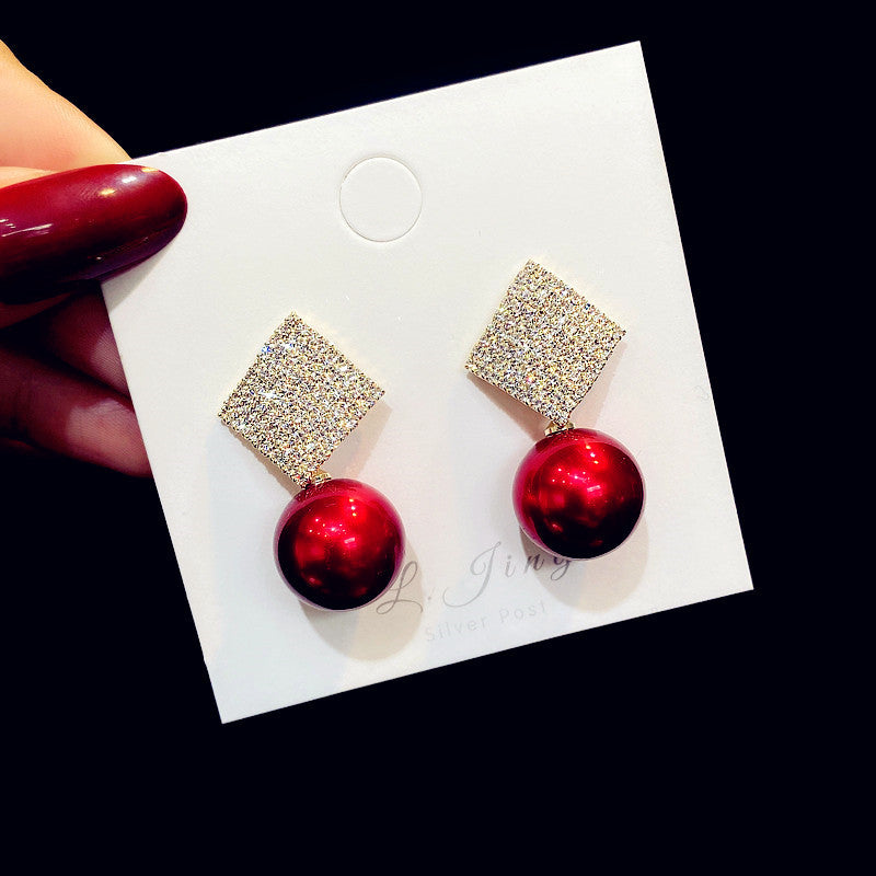 Sier Needle Geometric Pearl Diamond Square Earrings