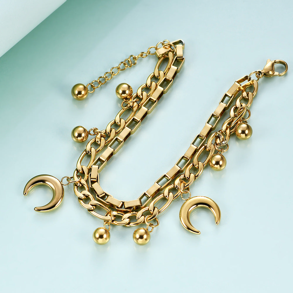 Women's Moon Round Beads Double Layer Cuban Link Chain Fashion Stainless Bracelet