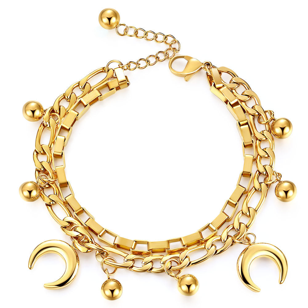 Women's Moon Round Beads Double Layer Cuban Link Chain Fashion Stainless Bracelet