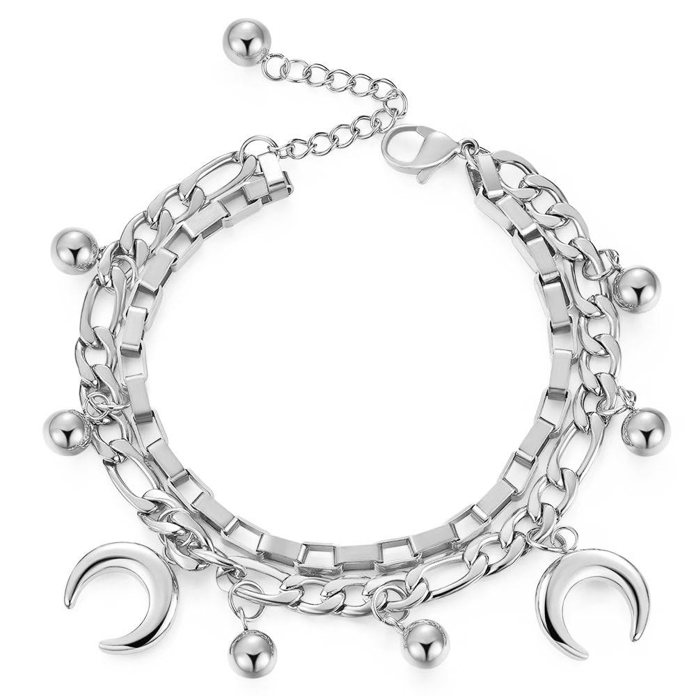 Women's Moon Round Beads Double Layer Cuban Link Chain Fashion Stainless Bracelet