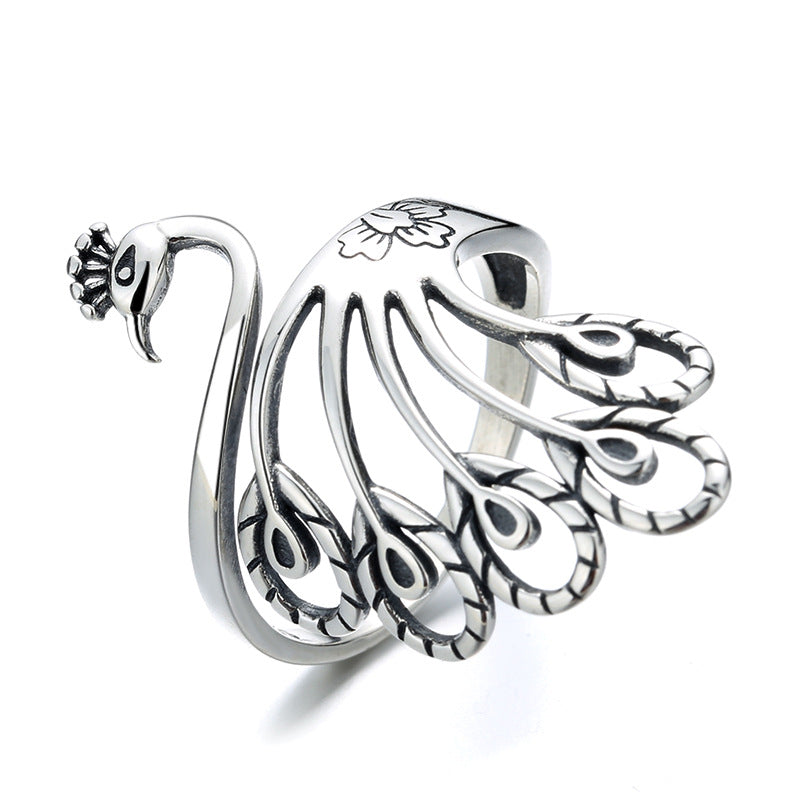 Retro Open Mouth Peacock Sterling Sier Wide Rings