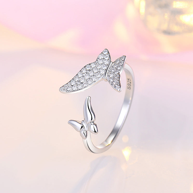 Women's Small Diamond Double Butterfly Adjustable Opening Rings