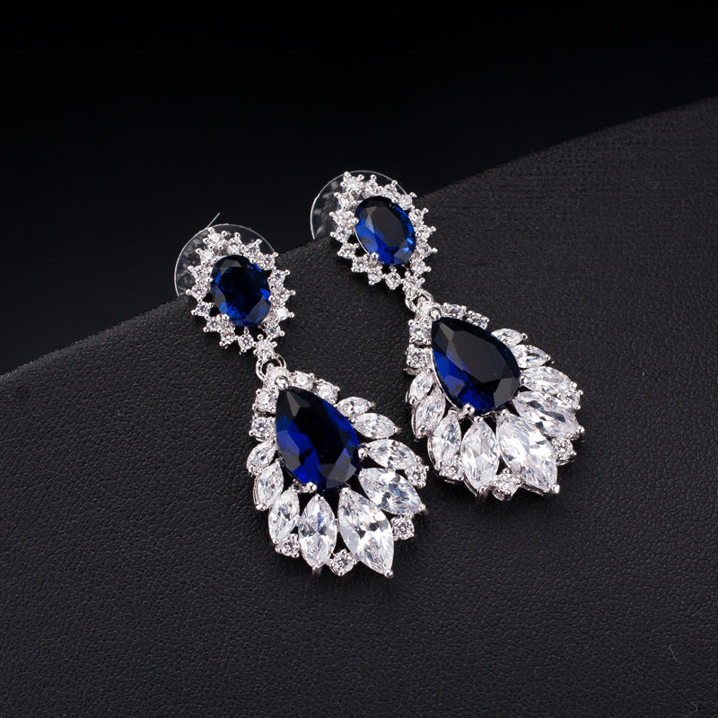 Vintage Tassel Sapphire Blue Zircon Sier Pin Wedding Earrings