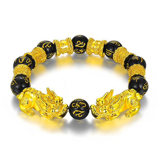 Obsidian Vietnam Placer Gold Six Words Mantra Live Bracelet
